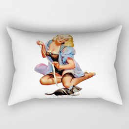 Sexy Blond Vintage Pinup Playing With a Cute Puppy Cat Rectangular Pillow