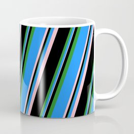 [ Thumbnail: Blue, Pink, Black, and Forest Green Colored Striped Pattern Coffee Mug ]