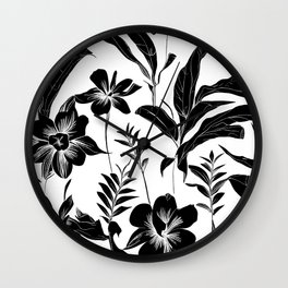 Black & White Tropical Flower Art Pattern Print Wall Clock