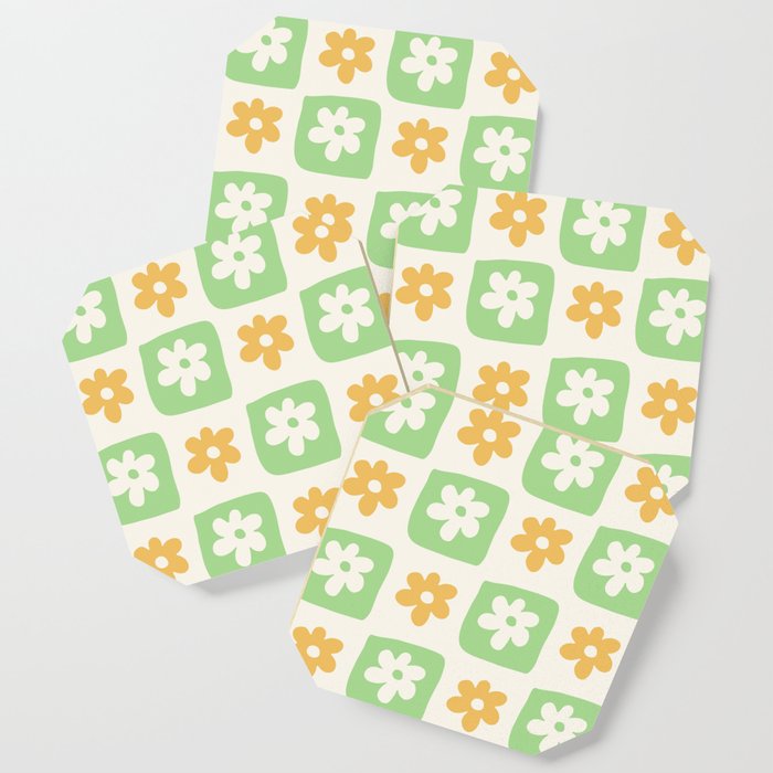 Hand-Drawn Checkered Flower Pattern (Pastel Green & Orange Colors) Coaster