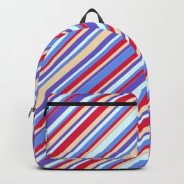 [ Thumbnail: Colorful Tan, Slate Blue, Light Cyan, Cornflower Blue & Crimson Colored Stripes Pattern Backpack ]