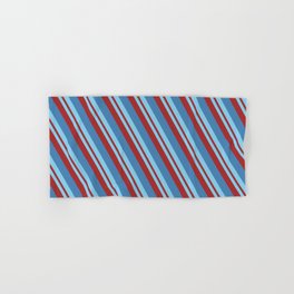 [ Thumbnail: Sky Blue, Brown & Blue Colored Striped/Lined Pattern Hand & Bath Towel ]