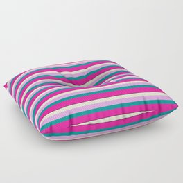 [ Thumbnail: Colorful Light Yellow, Plum, Dark Cyan, Deep Pink & Black Colored Lined Pattern Floor Pillow ]