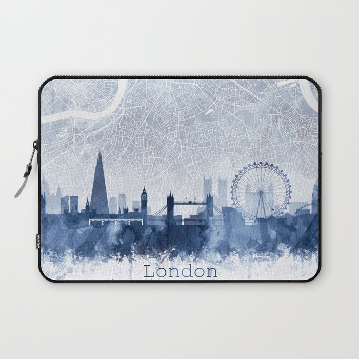 London Skyline Map Watercolor Navy Blue, Print by Zouzounio Art Laptop Sleeve