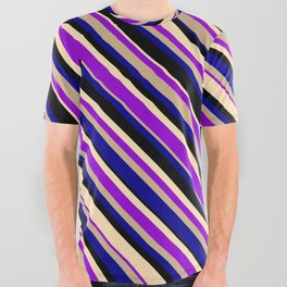 [ Thumbnail: Eyecatching Beige, Dark Violet, Tan, Dark Blue & Black Colored Stripes/Lines Pattern All Over Graphic Tee ]