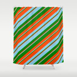 [ Thumbnail: Red, Sky Blue, and Green Colored Stripes/Lines Pattern Shower Curtain ]