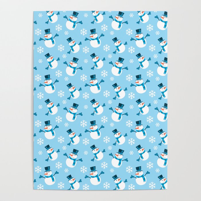 Christmas Pattern Blue Snowflake Snowman Cute Poster
