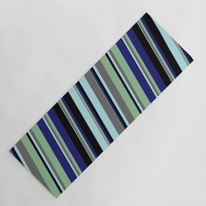 Powder Blue, Dim Gray, Dark Sea Green, Midnight Blue, and Black Colored Lines/Stripes Pattern Yoga Mat