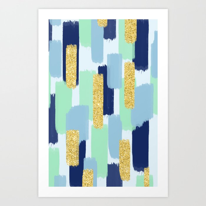 Navy and Gold Glitter Brush Strokes Art Print