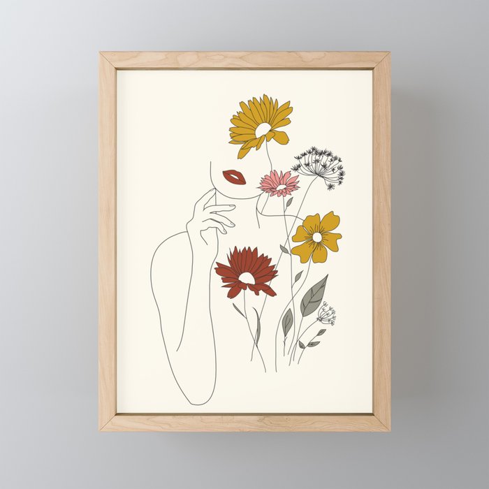 Colorful Thoughts Minimal Line Art Woman with Flowers III Framed Mini Art Print