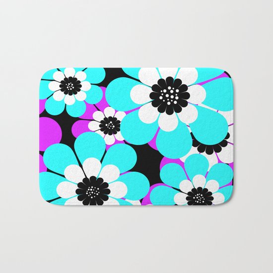 The floral pattern . Purple and turquoise flowers on a black background . Bath Mat