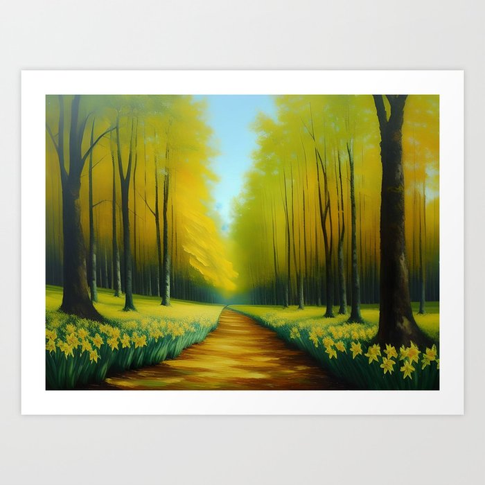 Daffodil Days: Bristol, Rhode Island; Blithewold Mansion, Gardens & Arboretum daffodil days spring 50,000 daffodils planted amid the maple trees floral still life landscape painting  Art Print