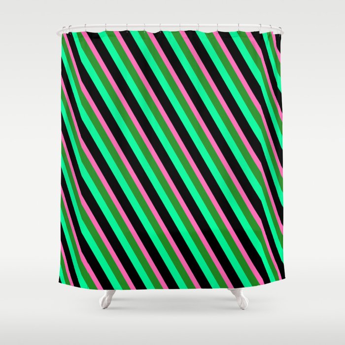 Hot Pink, Forest Green, Green & Black Colored Striped Pattern Shower Curtain
