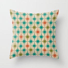 Atomic Age Retro Starburst Mid-century Modern Pattern in Mid Mod Turquoise, Orange, Olive, and Beige Throw Pillow