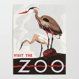 Visit the ZOO 1936 Birds Two Herons America Federal Art Project Poster Advertisement Poster