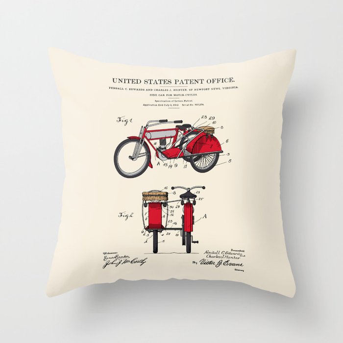 Motorcycle Sidecar Patent 1912 Throw Pillow