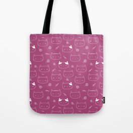 Magenta and White Doodle Kitten Faces Pattern Tote Bag