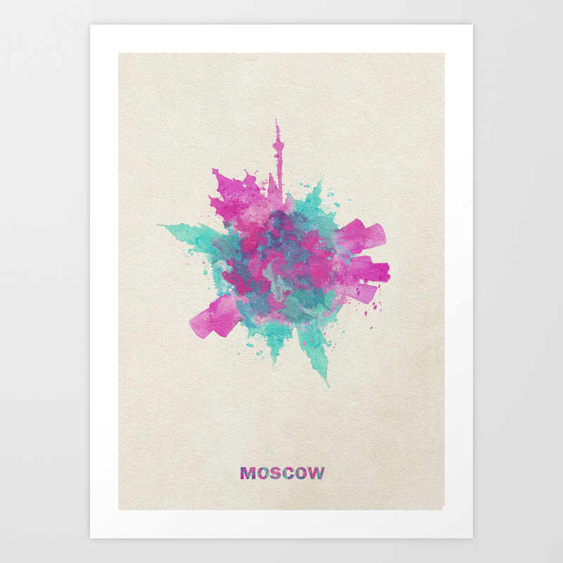 Moscow Russia Colorful Skyround Skyline Watercolor Painting Art
