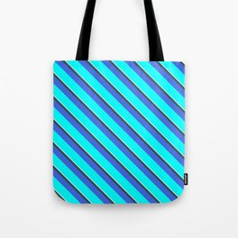 [ Thumbnail: Mint Cream, Dark Slate Gray, Royal Blue, and Aqua Colored Lines Pattern Tote Bag ]
