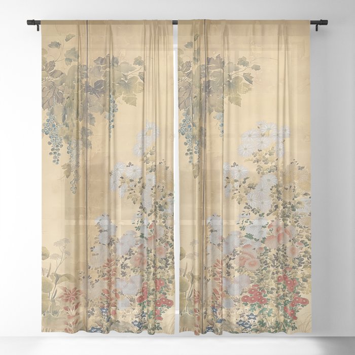 Japanese Edo Period Six-Panel Gold Leaf Screen - Spring and Autumn Flowers Sheer Curtain
