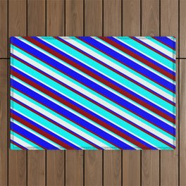 [ Thumbnail: Mint Cream, Blue, Dark Red, and Aqua Colored Lined Pattern Outdoor Rug ]