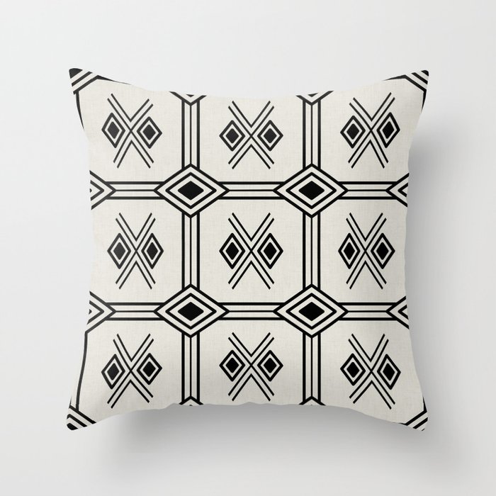 Zabzus - Black on neutral tribal square with diamonds - ethnic tile pattern Throw Pillow
