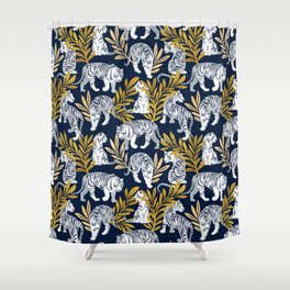 Nouveau white tigers // navy blue background yellow leaves silver lines white animals Shower Curtain