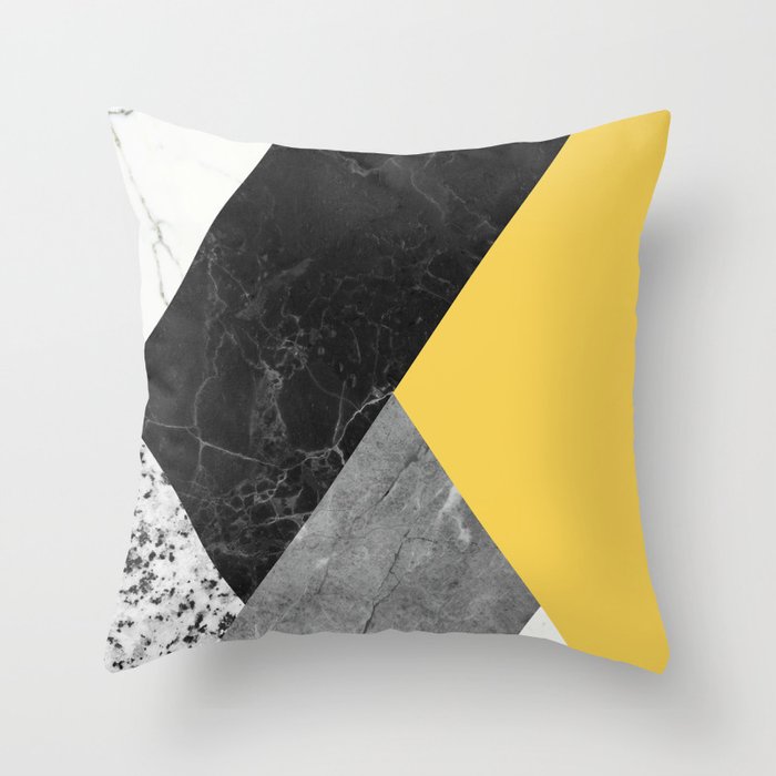 Black and White Marbles and Pantone Primrose Yellow Color Throw Pillow