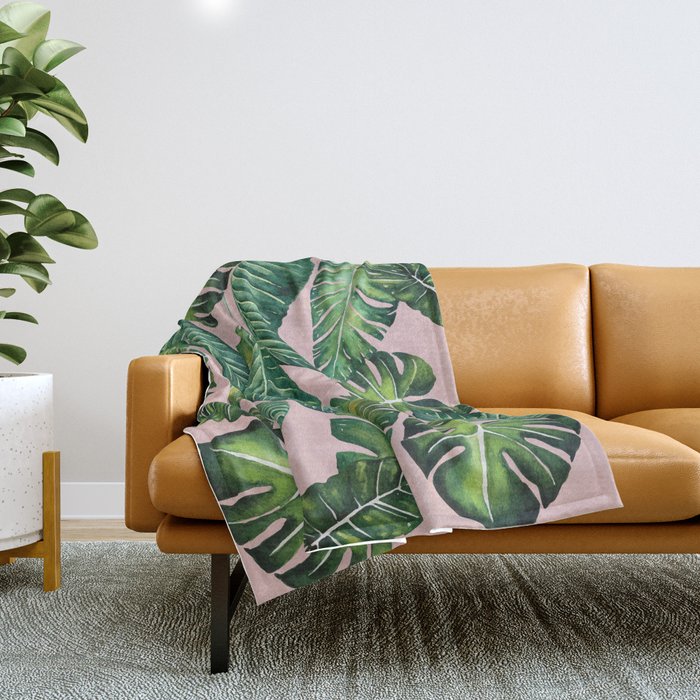 Jungle Leaves, Banana, Monstera II Pink #society6 Throw Blanket