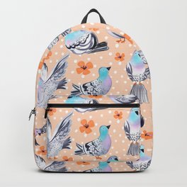 Spring Pigeons on Peach with Flowers and Spots Backpack | Pigeons, Polkadots, Birds, Handdrawn, Spots, Peach, Handpainted, Blue, Watercolor, Digital 