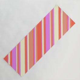 [ Thumbnail: Dark Salmon, Red, Violet, and Light Yellow Colored Lined/Striped Pattern Yoga Mat ]