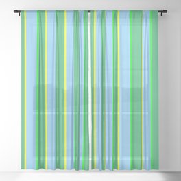 [ Thumbnail: Lime, Light Sky Blue, Yellow, and Sea Green Colored Lines Pattern Sheer Curtain ]
