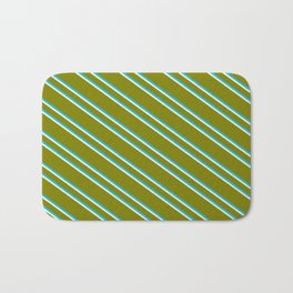 [ Thumbnail: Green, Deep Sky Blue & Beige Colored Striped/Lined Pattern Bath Mat ]