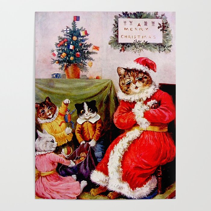 'A Merry Christmas' Vintage Cat Art by Louis Wain Poster