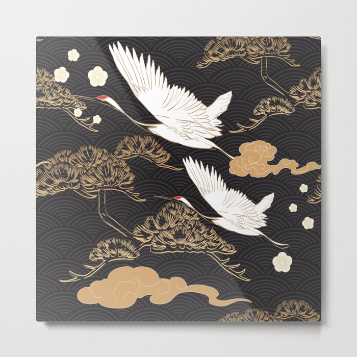 Japanese seamless pattern with crane birds and bonsai trees Metal Print