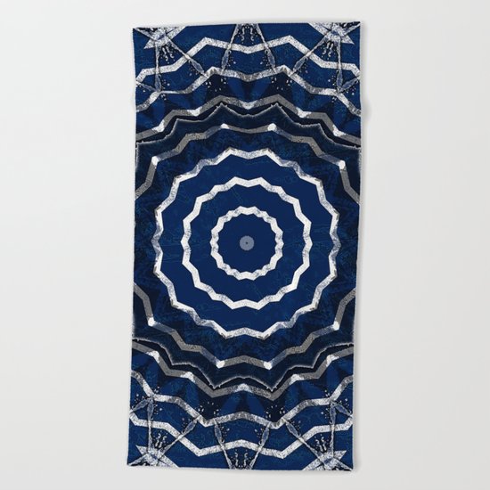 Blue stripes on white grunge textured kaleidoscope Beach Towel