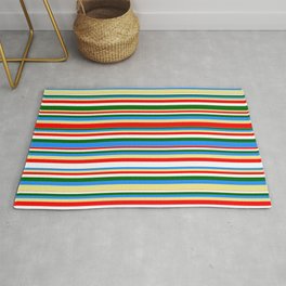 [ Thumbnail: Colorful Blue, Tan, Red, White, and Dark Green Colored Striped/Lined Pattern Rug ]