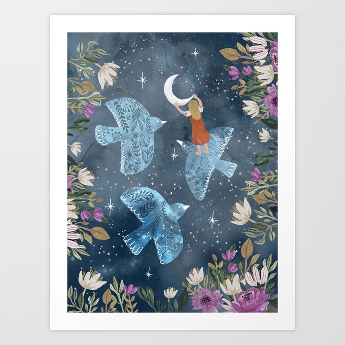 Birds and moon Art Print
