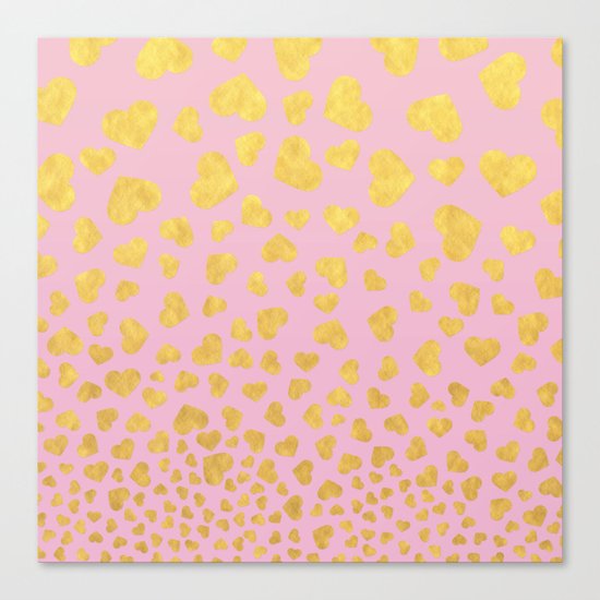 Golden hearts falling from heaven- Gold glitter heart on pink Canvas Print