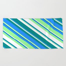 [ Thumbnail: Dark Cyan, Blue, Green & White Colored Striped Pattern Beach Towel ]