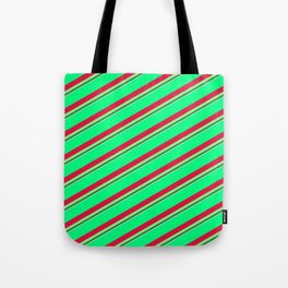 [ Thumbnail: Vibrant Green, Crimson, Light Green, Forest Green & Light Blue Colored Striped/Lined Pattern Tote Bag ]