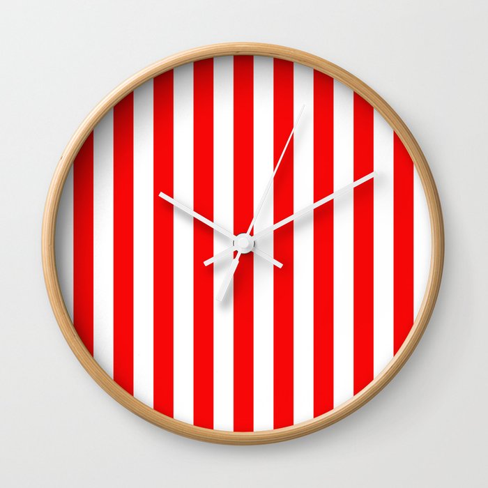 Large Berry Red And White Rustic Vertical Beach Stripes Wall Clock Berry Red And White Rustic Vertical