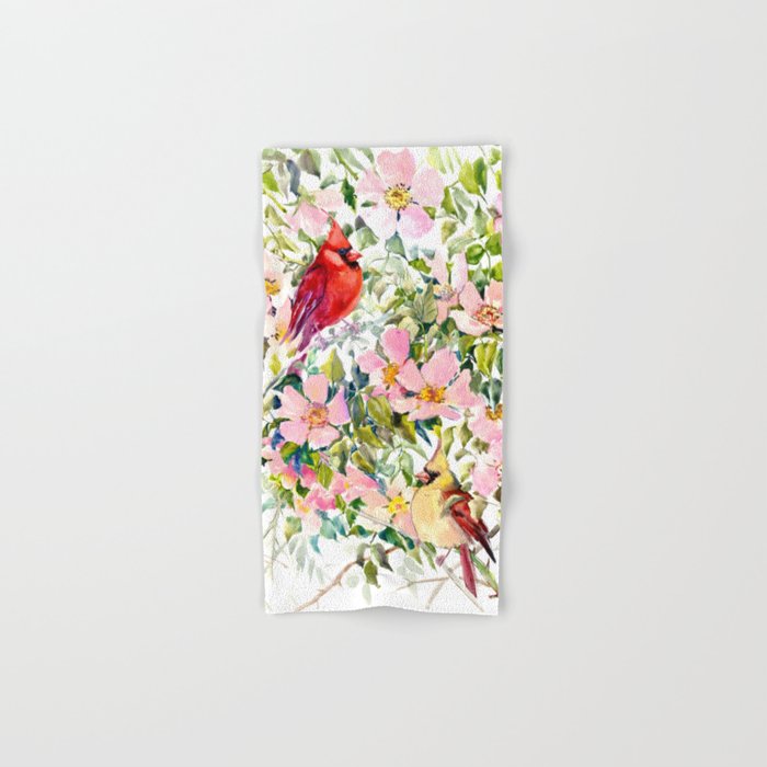 Cardinal Birds and Wild Rose Flowers Hand & Bath Towel