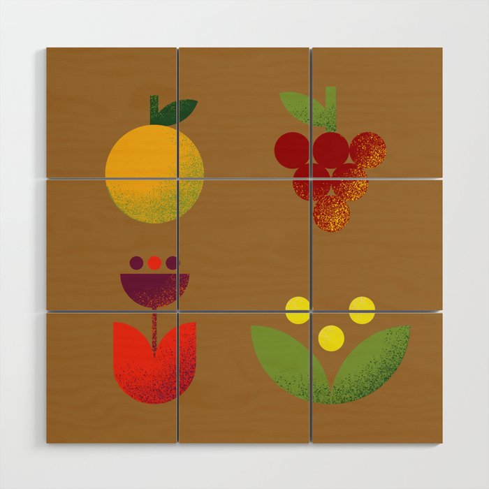 Simple modern flower and fruit pattern on brown background Wood Wall Art