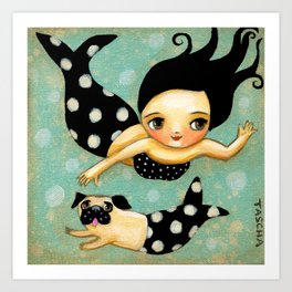 Pug Mermaid swimming in the sea by Tascha Parkinson Art Print