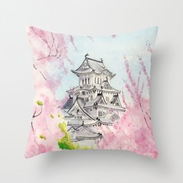 Himeji Castle , Art Watercolor Painting print by Suisai Genki , cherry blossom , Japanese Castle Throw Pillow