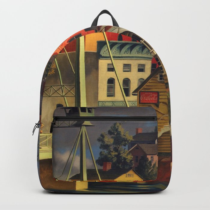 New England Town on the Two Rivers with Bridge landscape painting by Peter Blume Backpack