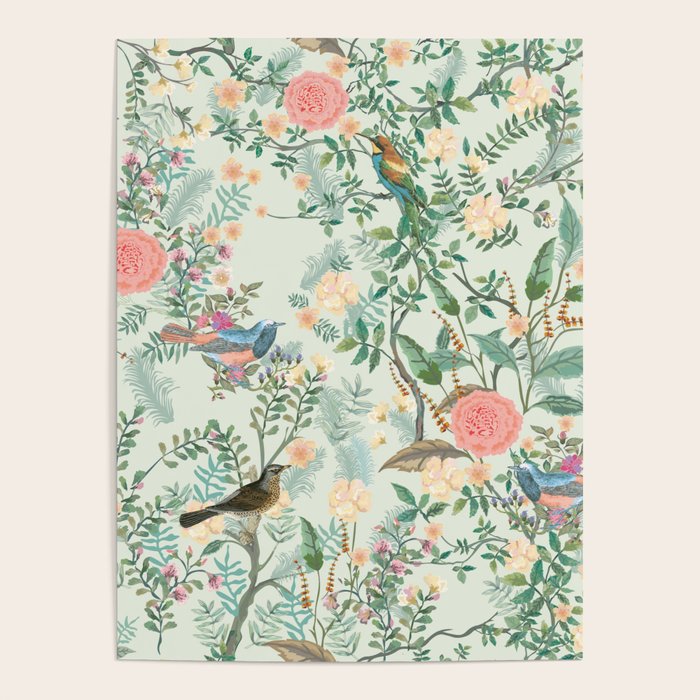 Chinoiserie Mint Green Pink Fresco Floral Garden Oriental Botanical Poster by Archipelago Society6