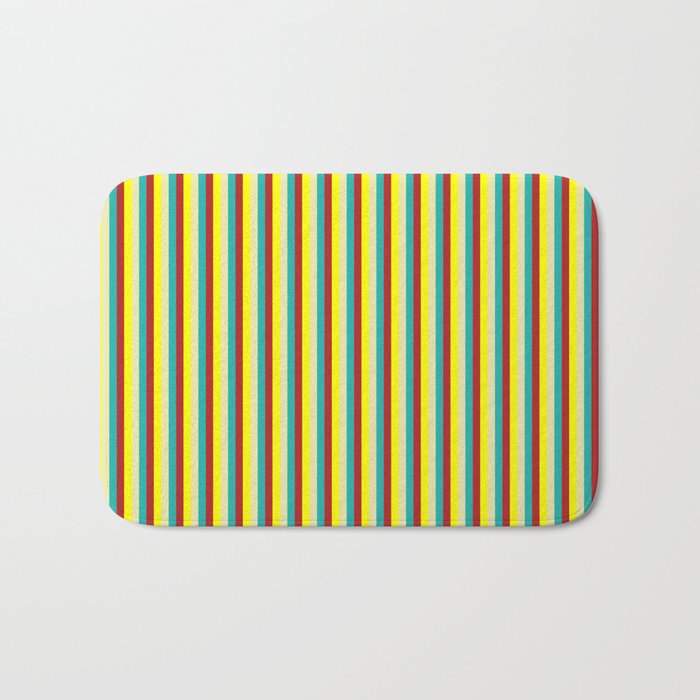 Pale Goldenrod, Yellow, Red, and Light Sea Green Colored Stripes/Lines Pattern Bath Mat