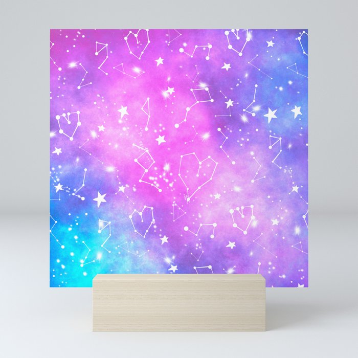 White constellation universe pattern zodiac on purple blue nebula space watercolor Mini Art Print